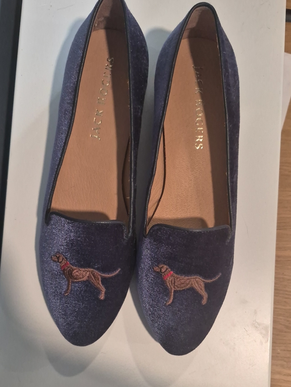 Jack Rogers Navy Velvet Loafers with Embroidered Dog